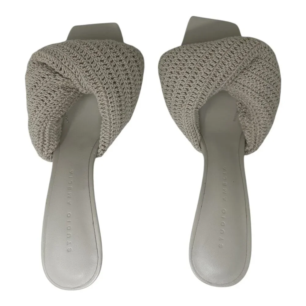 Studio Amelia Crochet Twisted Front Mules Heels Open Toe Slip On Leather Size 7